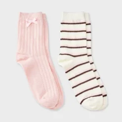 Women's Pointelle With Bow & Striped 2pk Mid Crew Socks - Wild Fable™ -Wild Fable Store GUEST 040c8195 3f0c 4c90 9af8 86b19adb4399