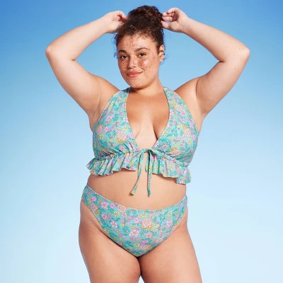 Women's Mid-Rise Cheeky High Leg Bikini Bottom - Wild Fable™ Green Floral Print 2 Women's Mid-Rise Cheeky High Leg Bikini Bottom - Wild Fable™ Green Floral Print - Image 2