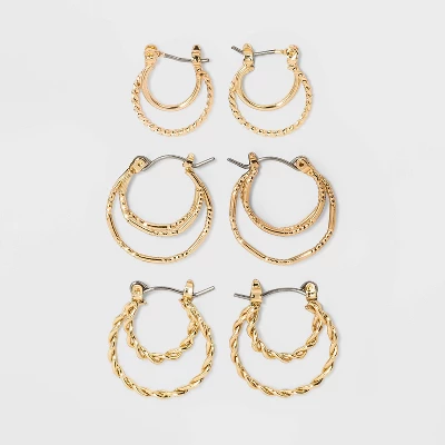 Click Top Faux Duo Hoop Earring Set 3pc - Wild Fable™ 2 Click Top Faux Duo Hoop Earring Set 3pc - Wild Fable™ - Image 2