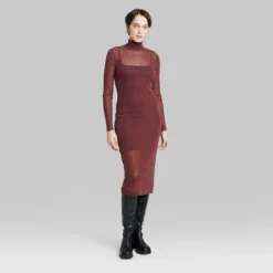 Women's Long Sleeve Lurex Mesh Midi Dress - Wild Fable™ Burgundy