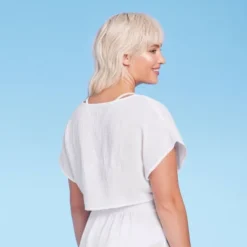 Women's Tie-Front Cover Up Short Sleeve Crop Top - Wild Fable™ White -Wild Fable Store GUEST 607a699b deff 4676 9cef 36432246e644