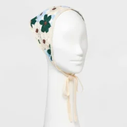 Knitted Flowers Headscarf - Wild Fable™ Ivory/Blue/Brown/Green: Floral Polyester Scarf For Fashion
