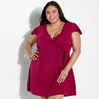 Women's Lace Trim Wrap Mini Dress - Wild Fable™ Burgundy 4 Women's Lace Trim Wrap Mini Dress - Wild Fable™ Burgundy - Image 4