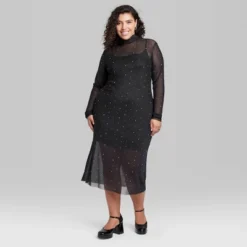 Women's Long Sleeve Rhinestone Mesh Midi Dress - Wild Fable™ Black