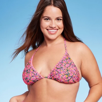 Women's Crochet Trim Triangle Bikini Top - Wild Fable™ Pink Floral Print 3 Women's Crochet Trim Triangle Bikini Top - Wild Fable™ Pink Floral Print - Image 3